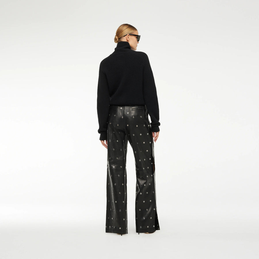 LOOSE FIT LEATHER PANTS WITH EYELETS IN GLOSSY BLACK