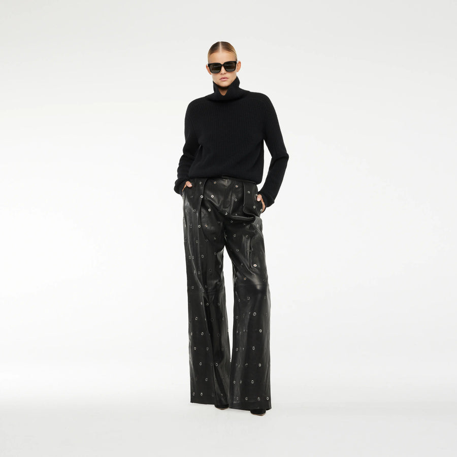 LOOSE FIT LEATHER PANTS WITH EYELETS IN GLOSSY BLACK