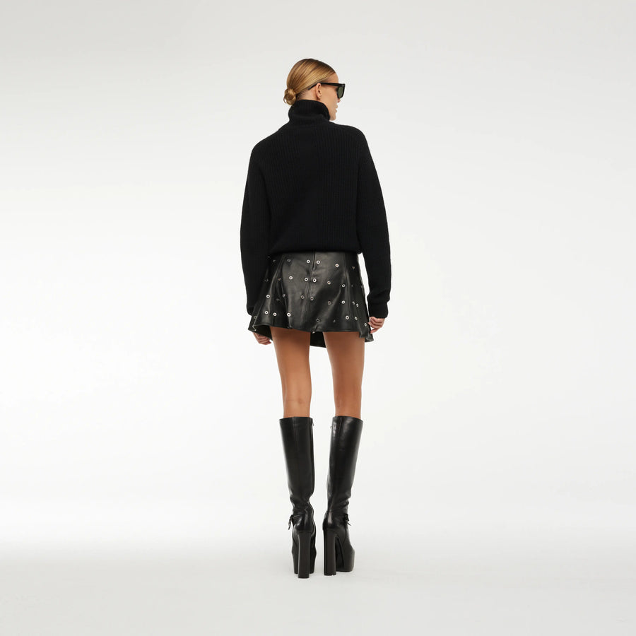 LEATHER SKIRT WITH METAL EYELETS IN GLOSSY BLACK
