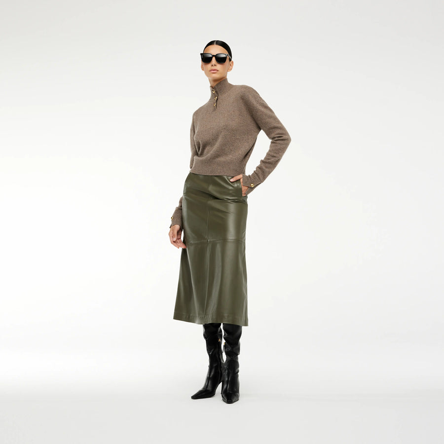 A-LINE MIDI LEATHER SKIRT IN IVY GREEN