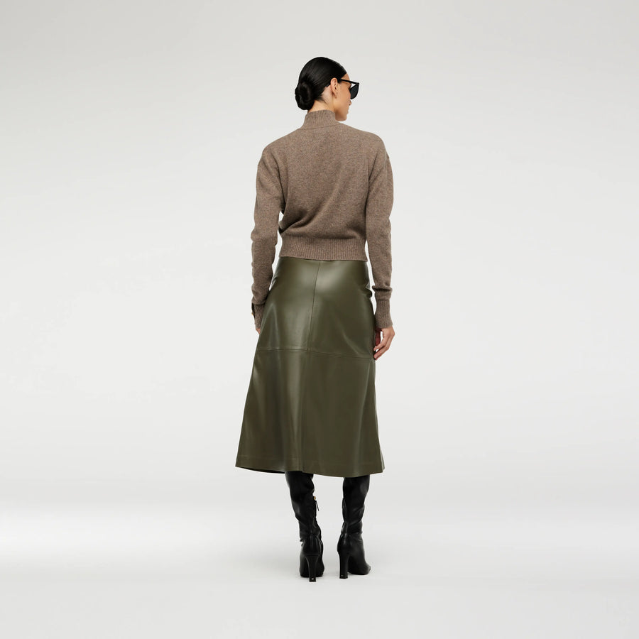 A-LINE MIDI LEATHER SKIRT IN IVY GREEN