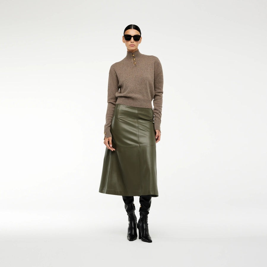 A-LINE MIDI LEATHER SKIRT IN IVY GREEN