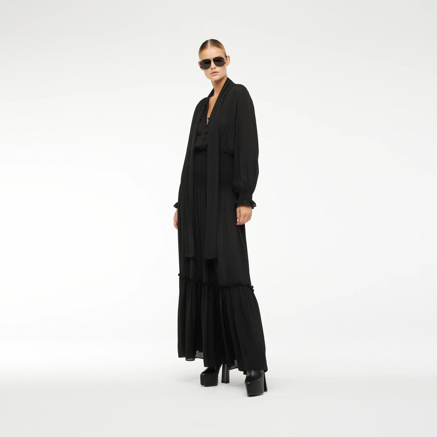 RUFFLED LONG SILK CHIFFON DRESS IN BLACK