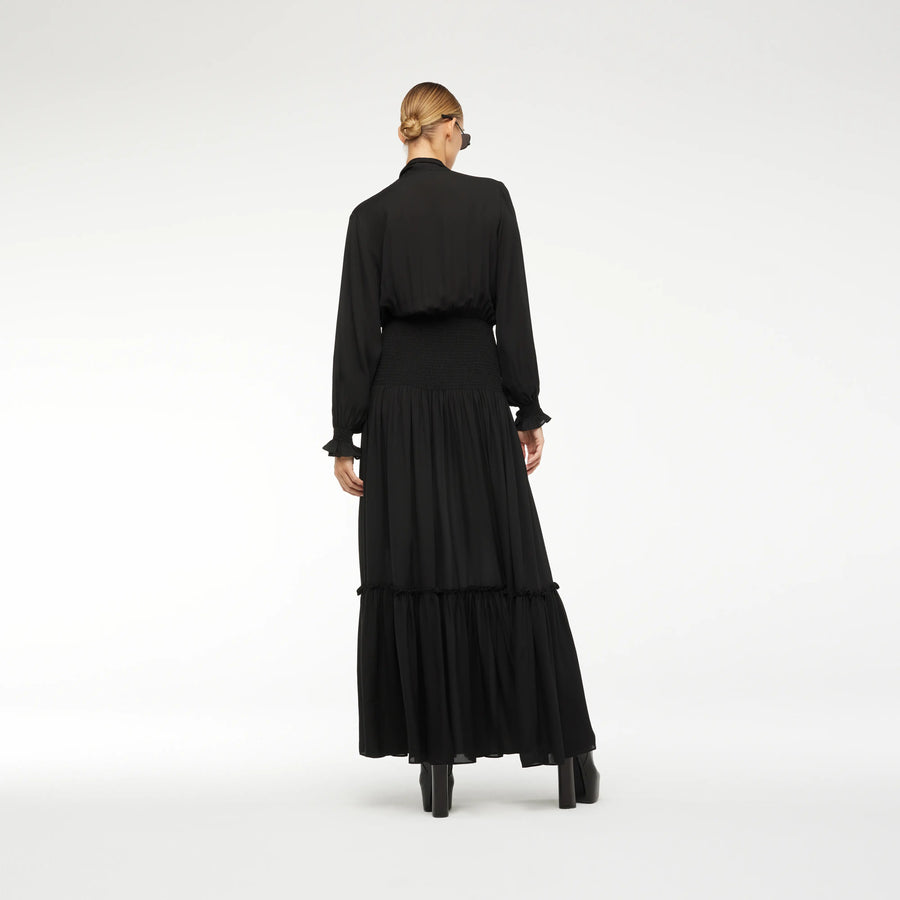 RUFFLED LONG SILK CHIFFON DRESS IN BLACK