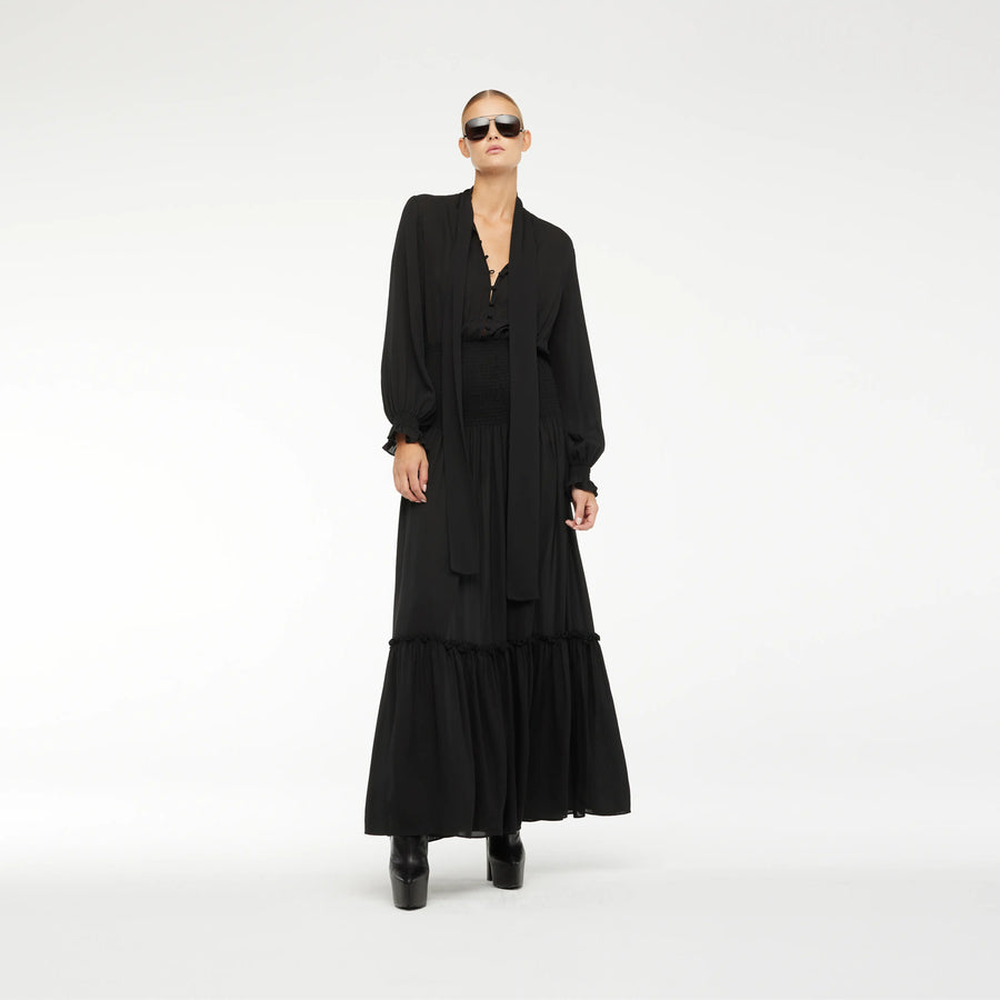 RUFFLED LONG SILK CHIFFON DRESS IN BLACK