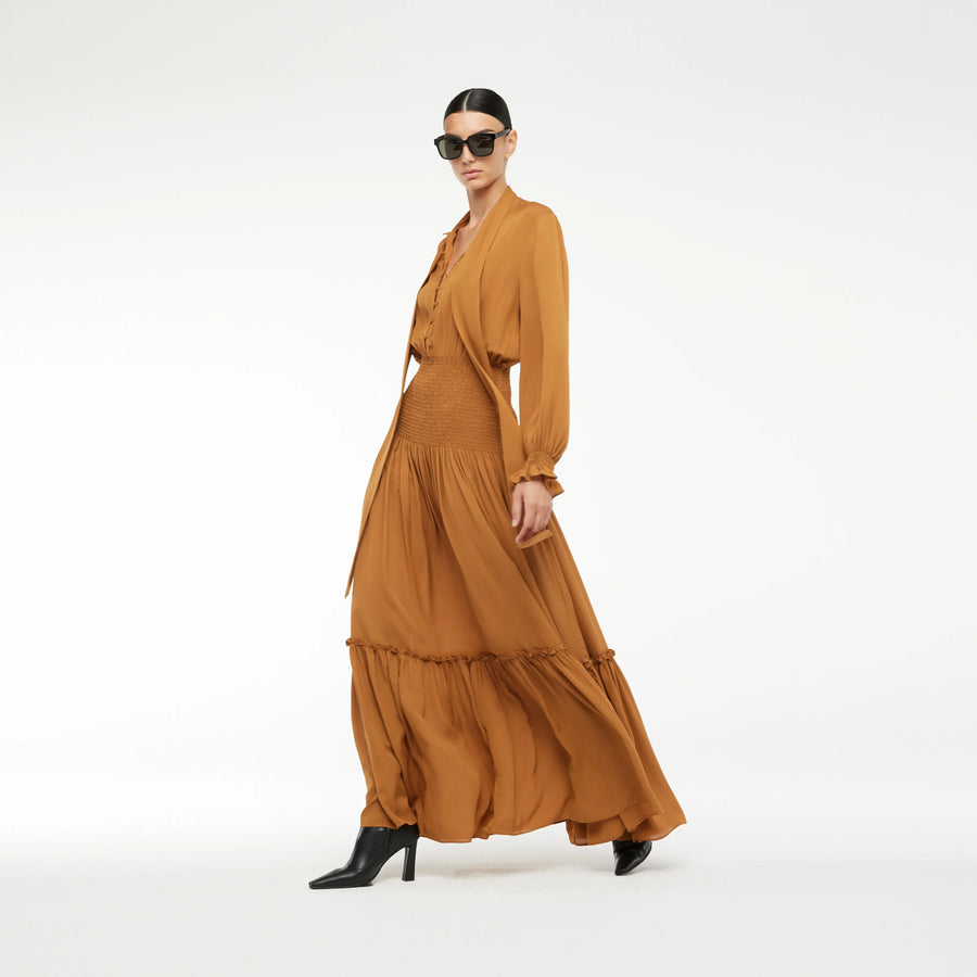 RUFFLED LONG SILK CHIFFON DRESS IN COGNAC