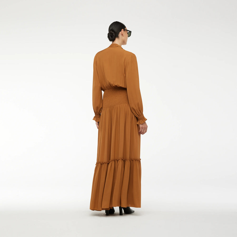 RUFFLED LONG SILK CHIFFON DRESS IN COGNAC