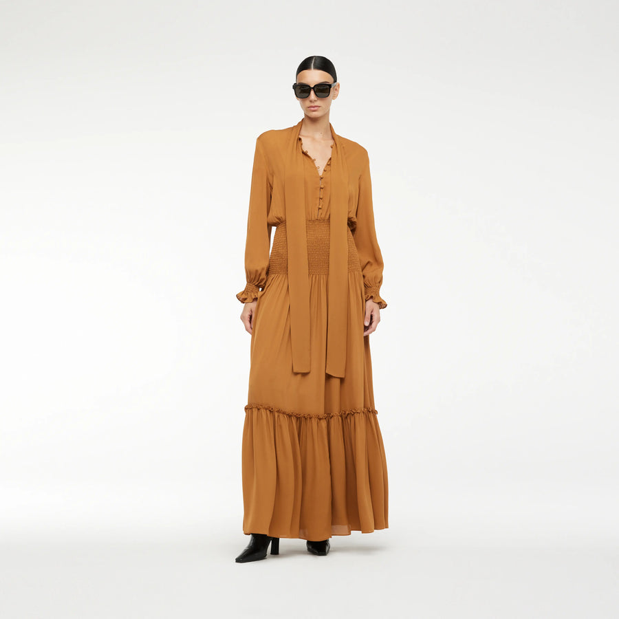 RUFFLED LONG SILK CHIFFON DRESS IN COGNAC