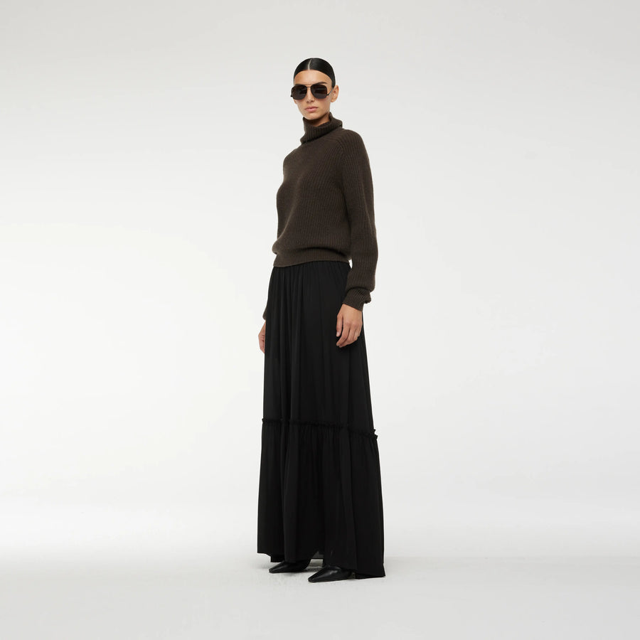 TIERED MAXI SKIRT IN BLACK CHIFFON SILK