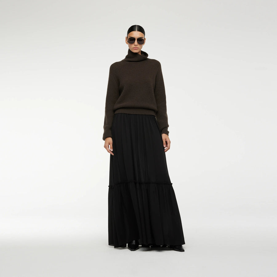 TIERED MAXI SKIRT IN BLACK CHIFFON SILK