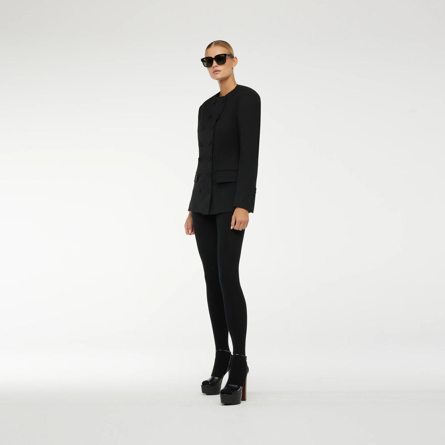 ROUND NECK DOUBLE BREASTED BLAZER IN BLACK WOOL