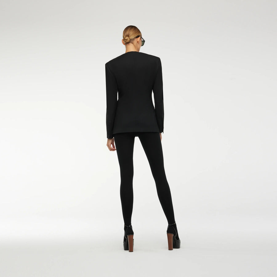 ROUND NECK DOUBLE BREASTED BLAZER IN BLACK WOOL
