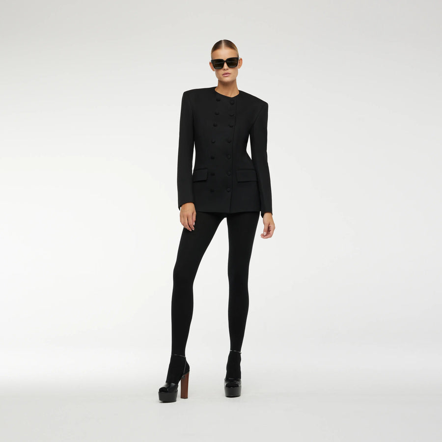 ROUND NECK DOUBLE BREASTED BLAZER IN BLACK WOOL