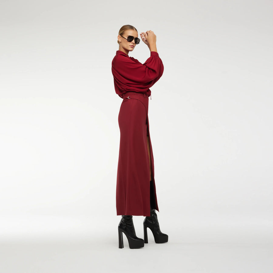 LONG WRAP SKIRT IN NEW RED WOOL