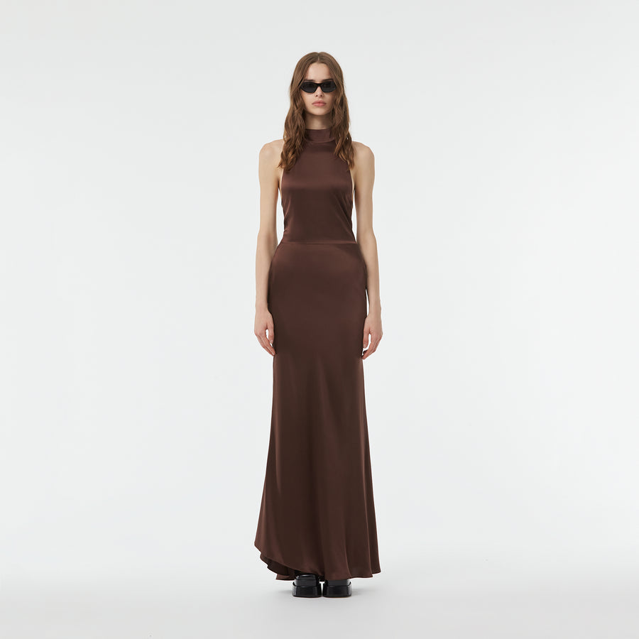 LONG SILK BACKLESS DRESS IN CHOCOLATE