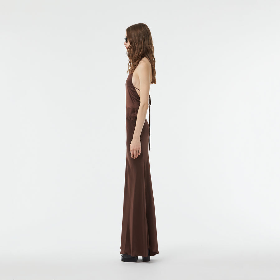 LONG SILK BACKLESS DRESS IN CHOCOLATE