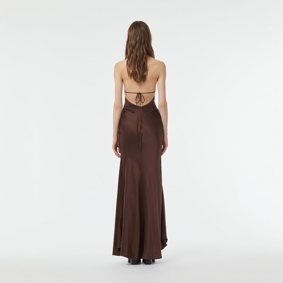 LONG SILK BACKLESS DRESS IN CHOCOLATE