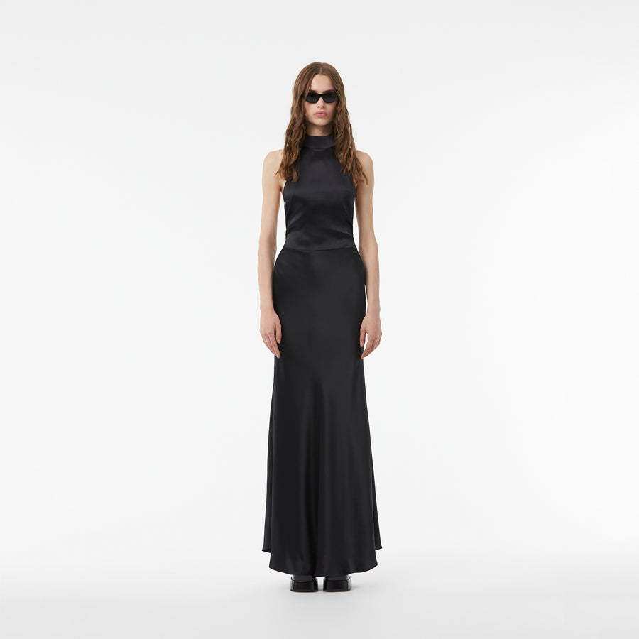 LONG SILK BACKLESS DRESS IN BLACK