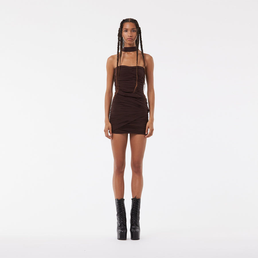 FITTED BUSTIER -CHOKER SILK DRESS IN CHOCOLATE